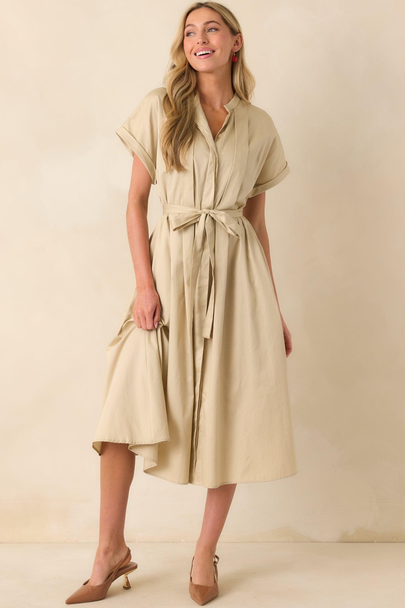 Late Nights Beige Cotton Button Front Midi Dress Product Image