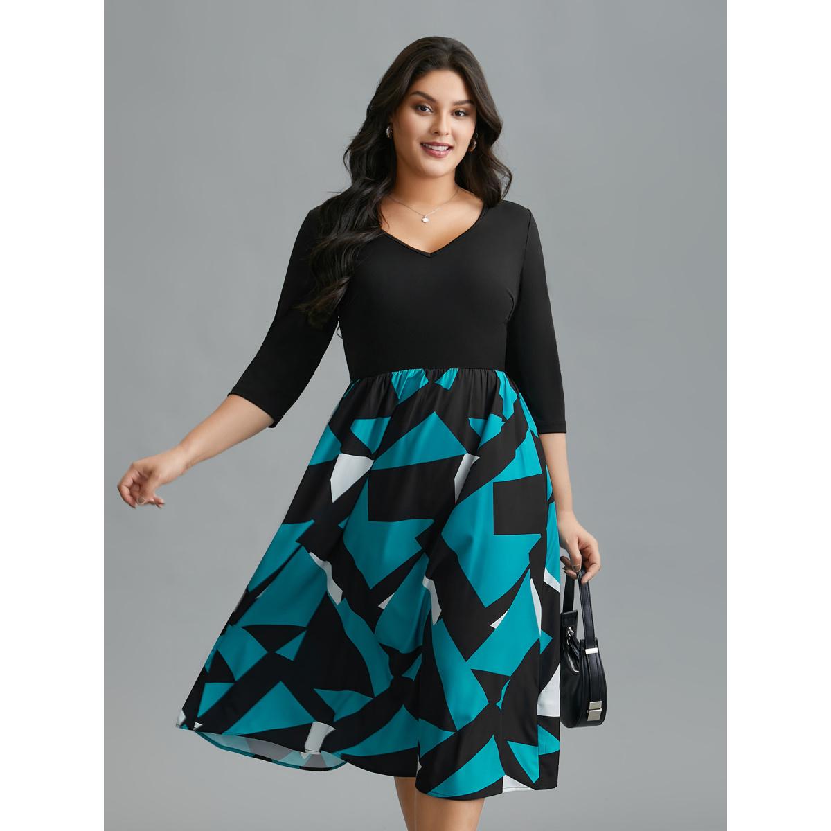 Plus Size V-Neck Geometric Color Contrast Dress Black Women At the Office Patchwork V-neck Elbow-length sleeve Curvy BloomChic 14-16/1X Product Image