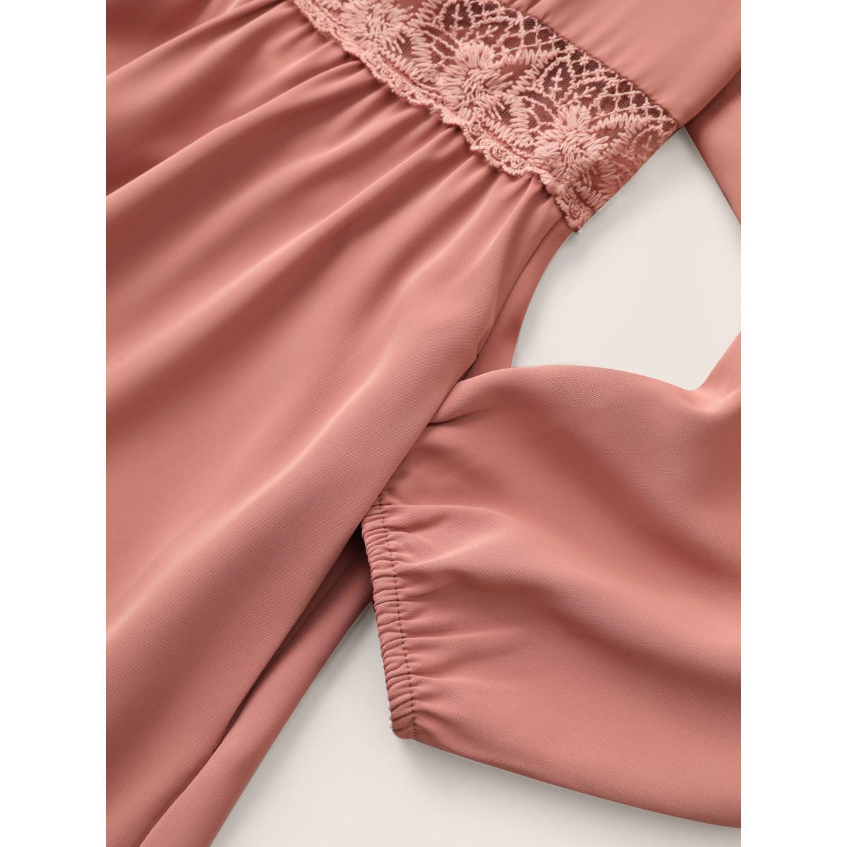 Plus Size Lace Insert Pocket Bowknot Hollow Out Dress DustyPink Women Elegant Elastic cuffs V-neck Long Sleeve Curvy Midi Dress BloomChic 18-20/2X Product Image