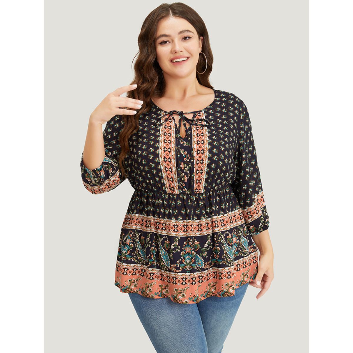 Plus Size Indigo Bandana & Paisley Print Lantern Sleeve Knot Neck Ruffle Blouse Women Vacation Elbow-length sleeve Tie Neck Dailywear Blouses BloomChic 12/L Product Image