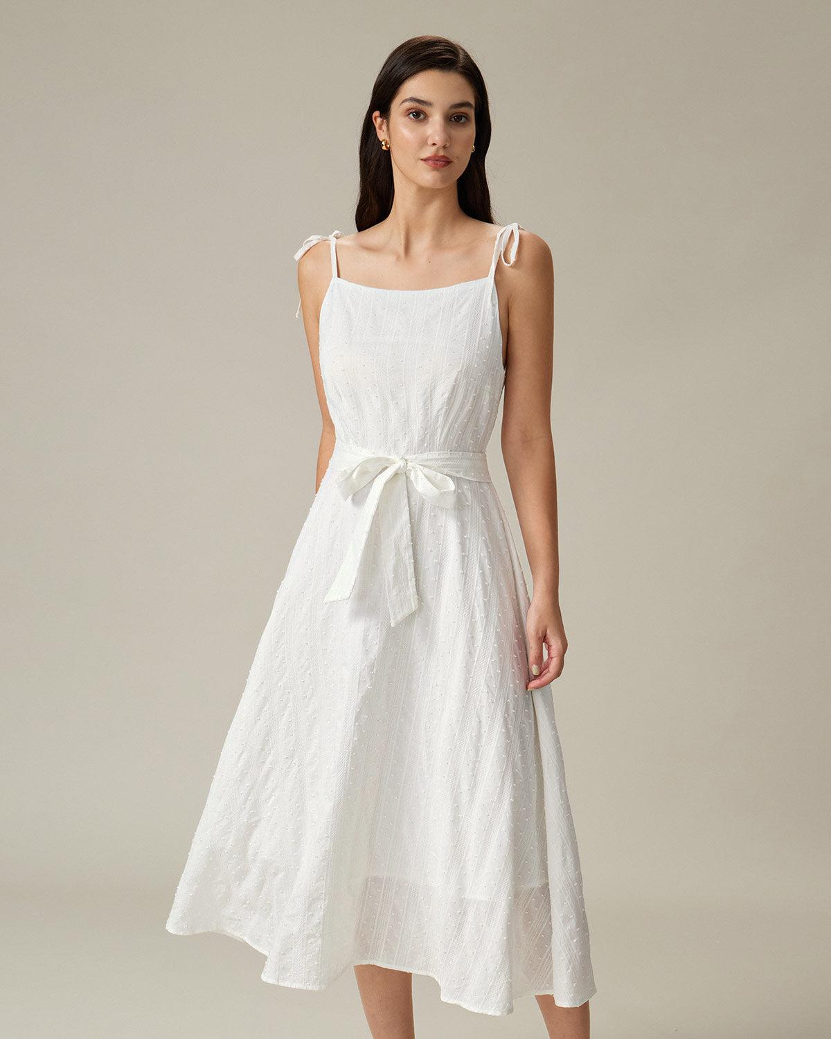 White Textured Square Neck Slip Midi Dress Product Image