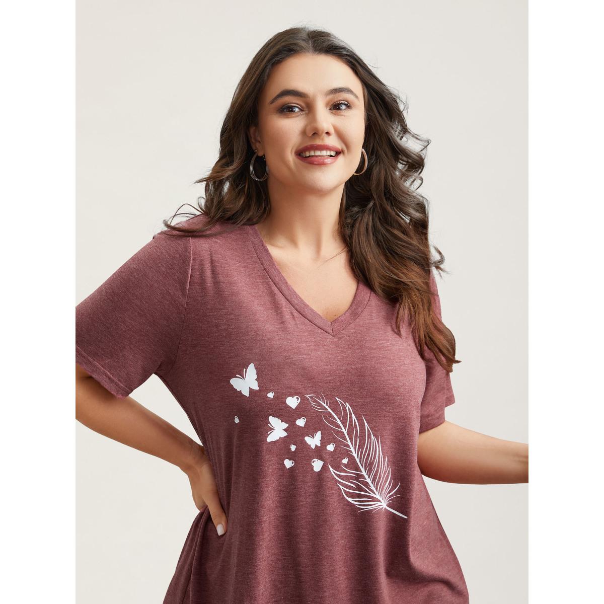 Plus Size Feather Print V-Neck Fitted T-Shirt Scarlet Women Leisure Non Butterfly V-neck Casual T-shirts BloomChic 12/L Product Image