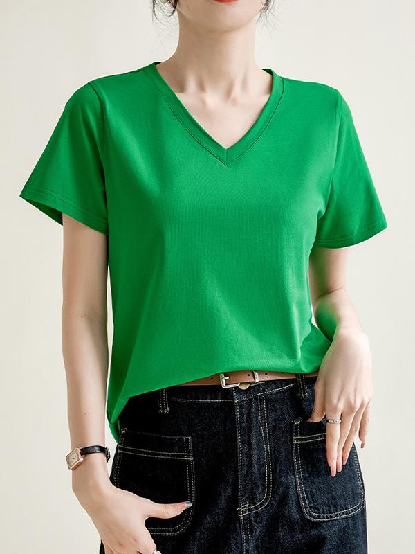 Loose Short Sleeves Solid Color V-Neck T-Shirts Tops Product Image