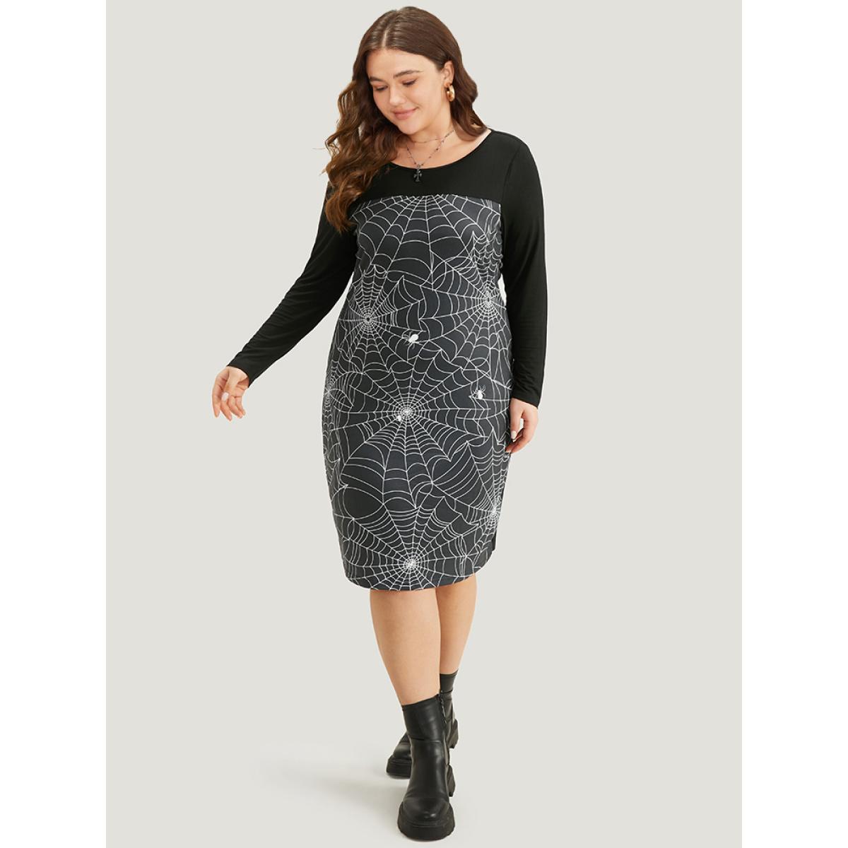 Plus Size Halloween Spider Web Patchwork Crew Neck Dress BlackFlower Women Office Contrast Round Neck Long Sleeve Curvy Midi Dress BloomChic 10/M Product Image