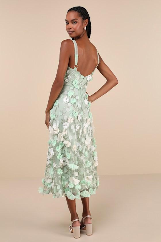 Elite Cutie Mint Green Mesh 3D Floral Embroidered Midi Dress Product Image