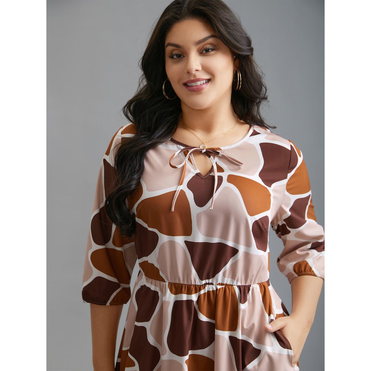 Plus Size Neck-Tie Color Block Waist Cinched Dress Multicolor Women Casual Tie knot V-neck Elbow-length sleeve Curvy BloomChic 10/M Product Image