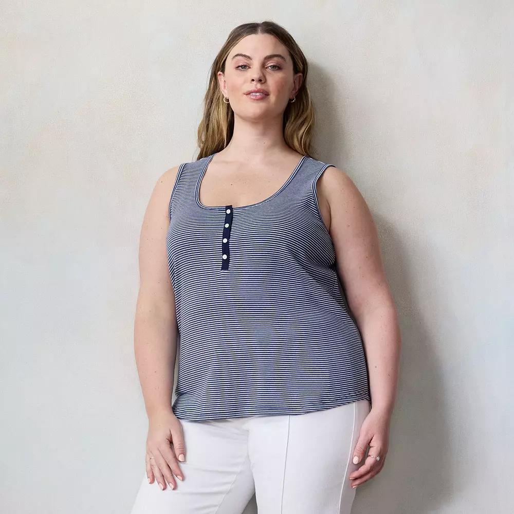 Plus Size LC Lauren Conrad Henley Tank Top, Women's, Size: 1XL, Blue Amalfi Stripe Product Image