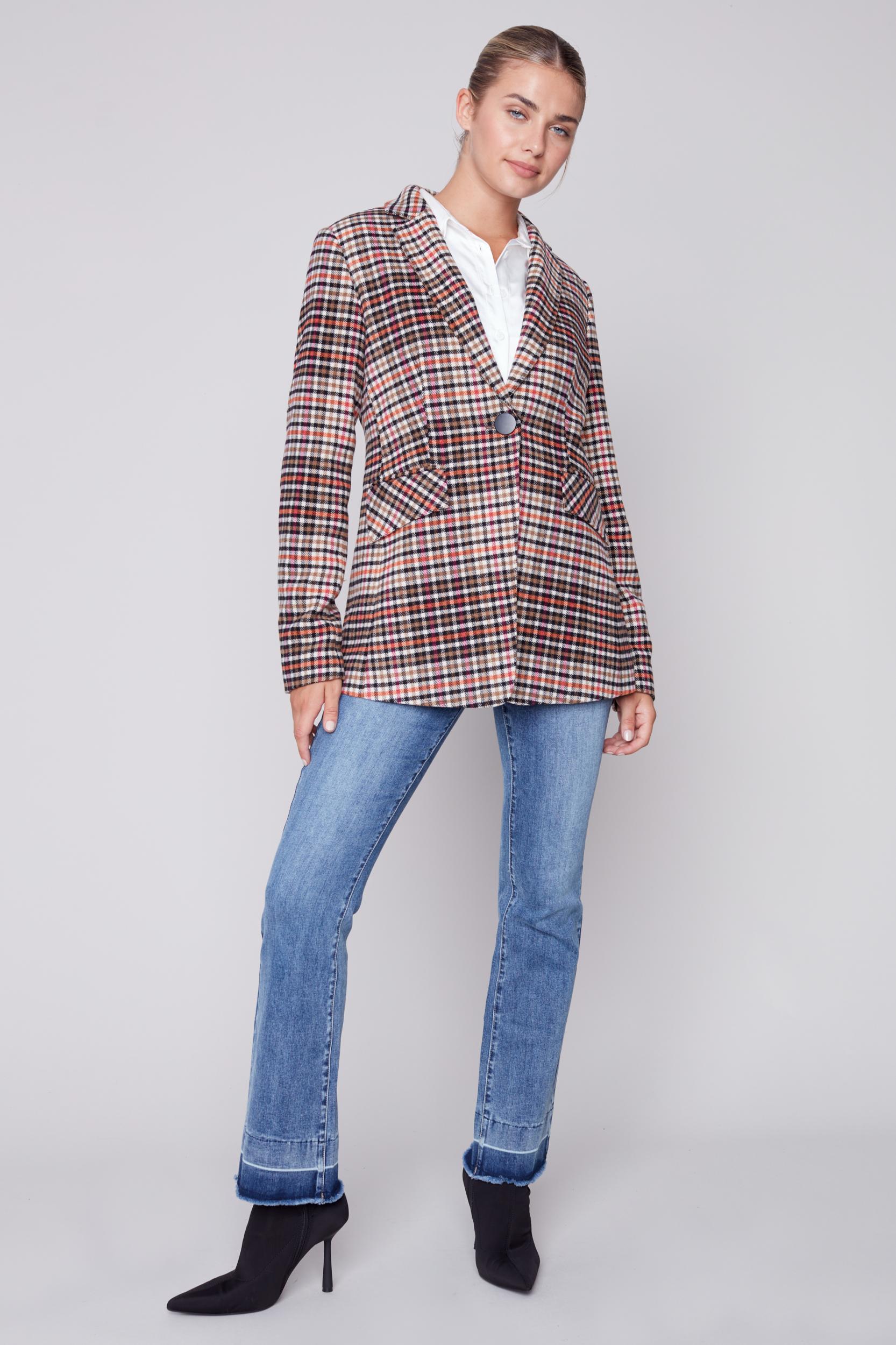 Plaid Long Sleeve Blazer Jacket Product Image