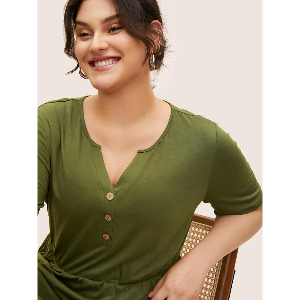 Plus Size Notched Solid Button Detail Midi Dress ArmyGreen Women Basics Button Flat collar with V-notch Short sleeve Curvy BloomChic 10/M Product Image