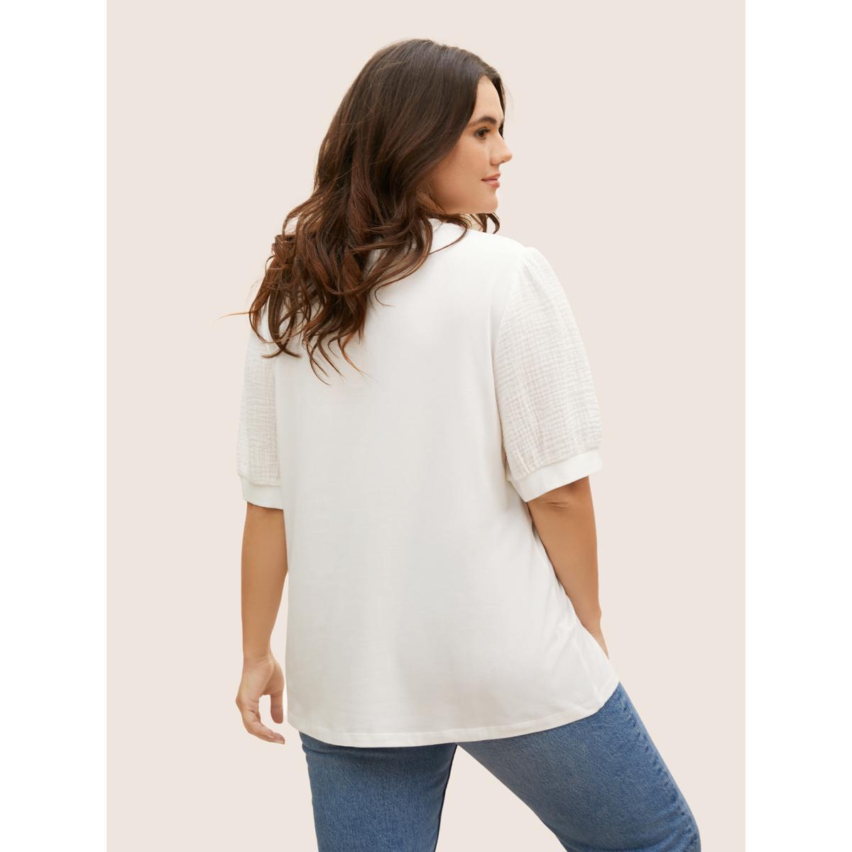 Plus Size Plain Textured Patchwork Lantern Sleeve T-Shirt WhiteSmoke Women Leisure Texture Round Neck Casual T-shirts BloomChic 14-16/1X Product Image