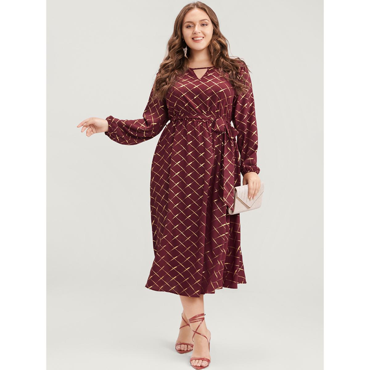 Plus Size Geometric Lantern Sleeve Pocket Keyhole Round Neck Belted Dress Scarlet Women Party Elastic Waist Round Neck Long Sleeve Curvy Midi Dress BloomChic 10/M Product Image
