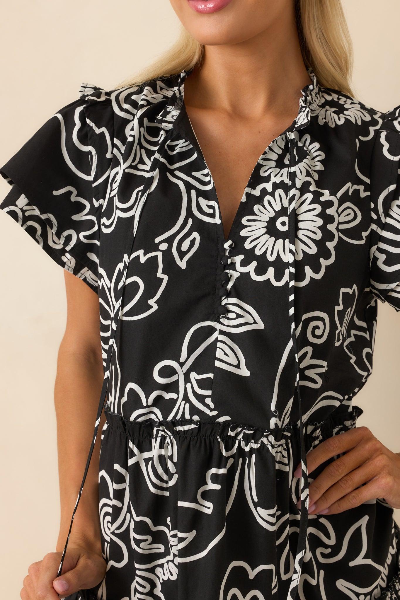 Go Your Way Black Floral Print Cotton Flutter Sleeve Mini Dress Product Image