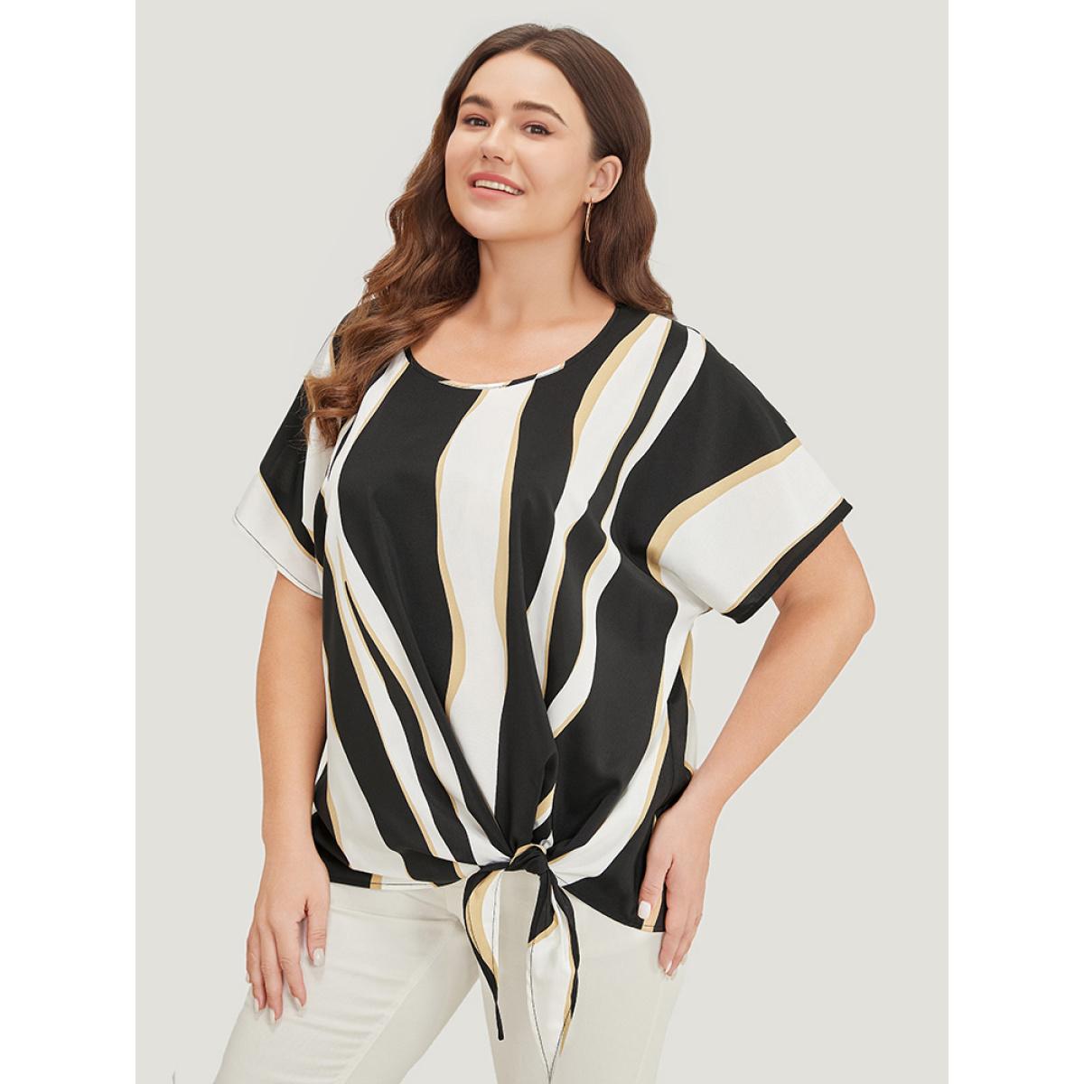 Plus Size Multicolor Geometric Contrast Batwing Sleeve Knot Hem Blouse Women Office Short sleeve Round Neck Dailywear Blouses BloomChic 22-24/3X Product Image