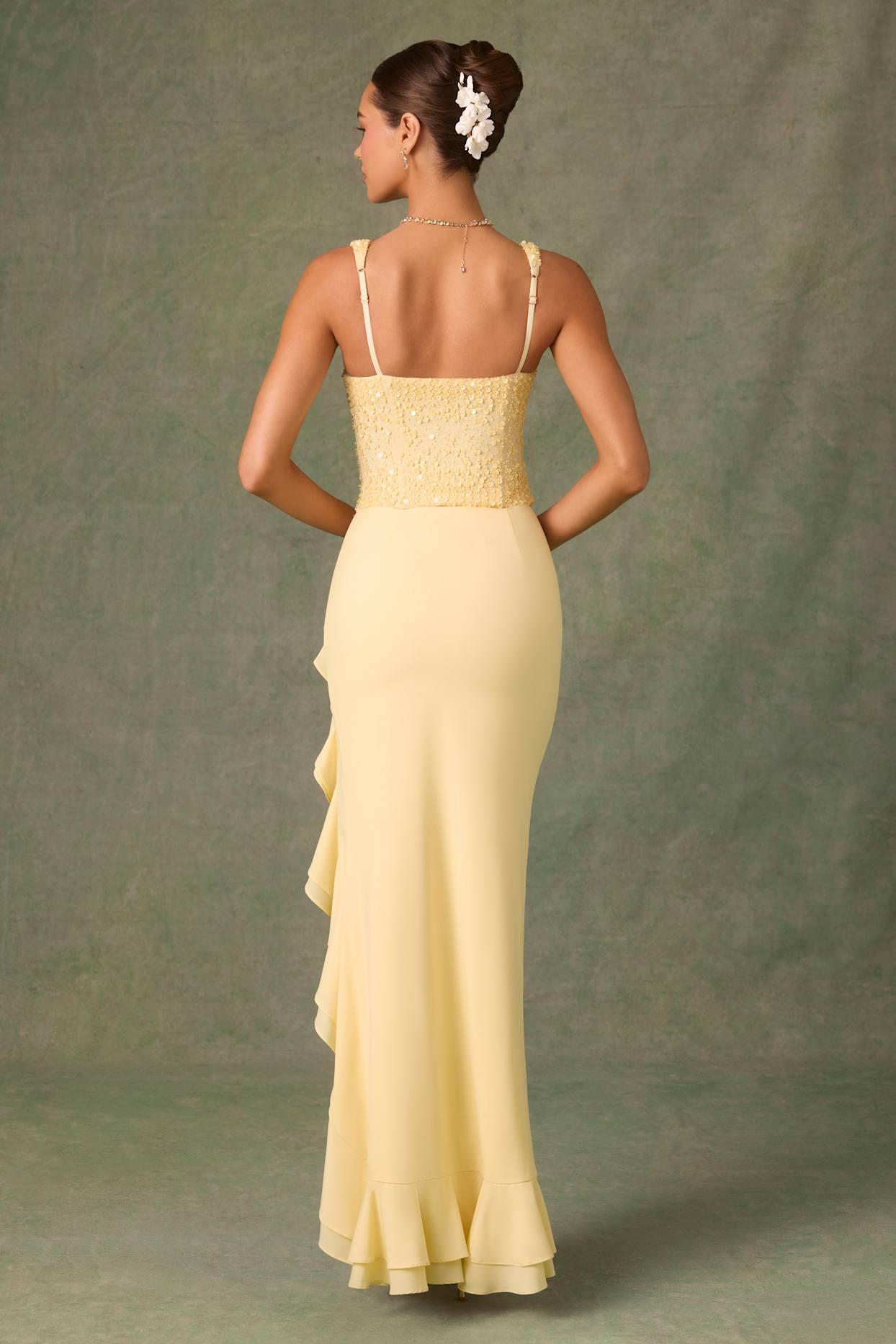 Embellished Ruffle-Trim Corset Gown in Yellow Product Image