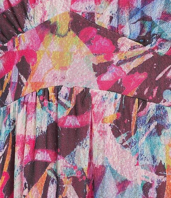 Calessa Mesh Knit Floral V-Neck Short Sleeve A-Line Midi Dress Product Image