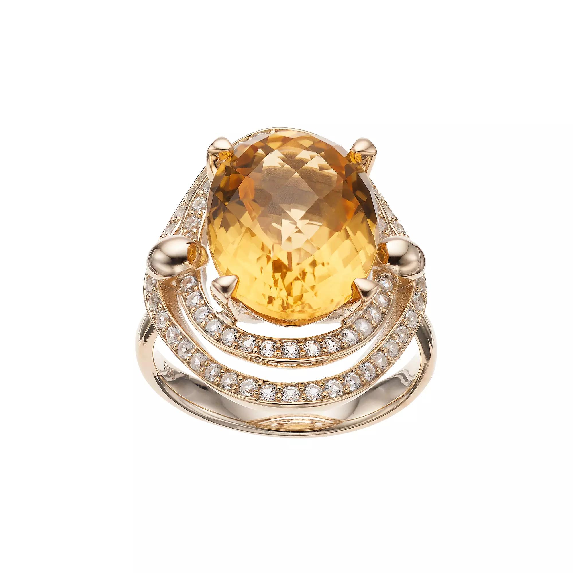 14k Gold Over Silver Citrine & Lab-Created White Sapphire Oval Halo Ring, Womens Sterling Product Image