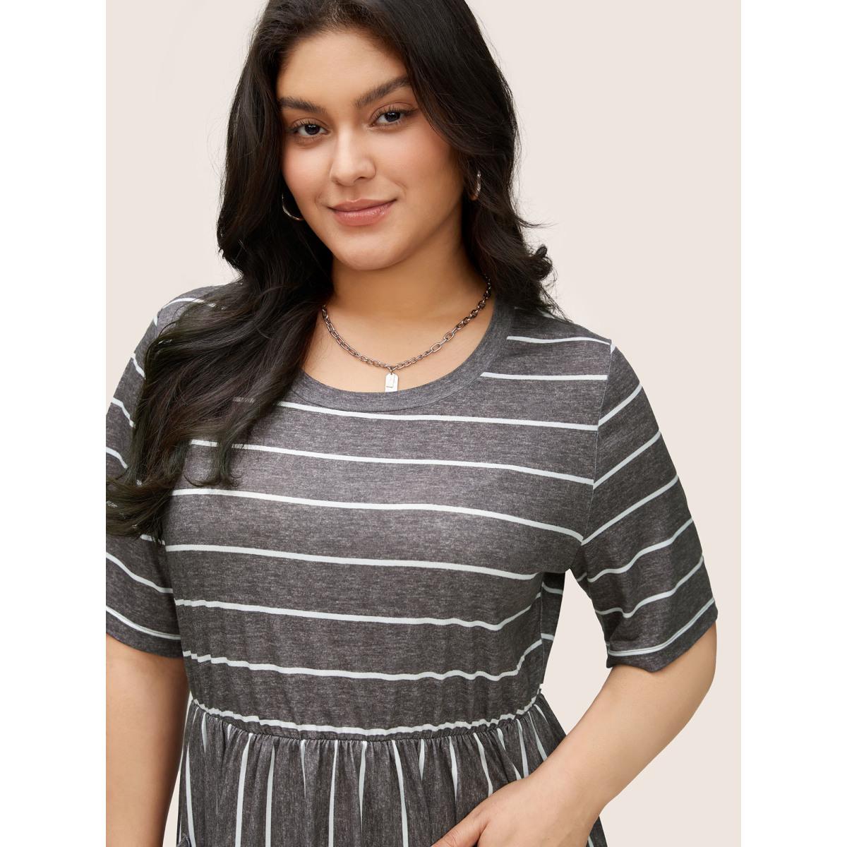 Plus Size Striped Patched Pocket Elastic Waist Dress DimGray Women Casual Non Round Neck Short sleeve Curvy Midi Dress BloomChic 14-16/1X Product Image