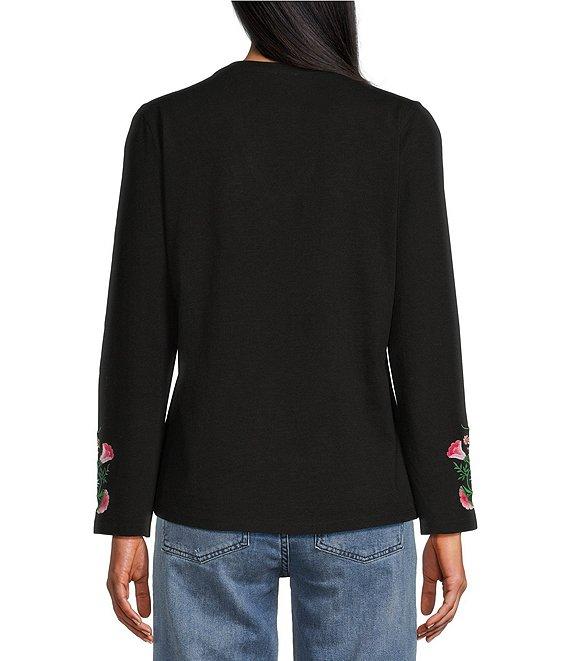 Reba Knit Jersey Floral Embroidered V-Neck Long Sleeve T-Shirt Product Image