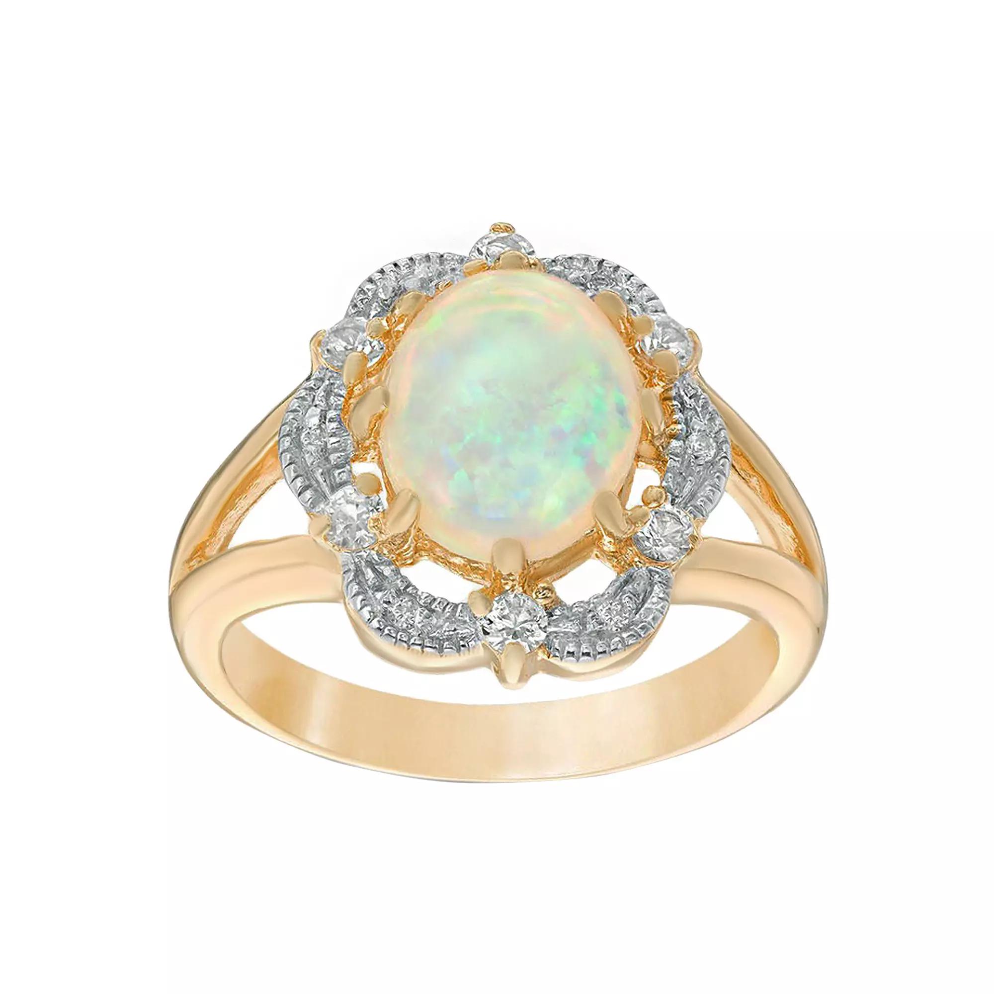 Gemminded 18k Gold Over Silver Lab-Created Opal Ring with White Topaz, Women's, Size: 5, Sterling Silver Product Image