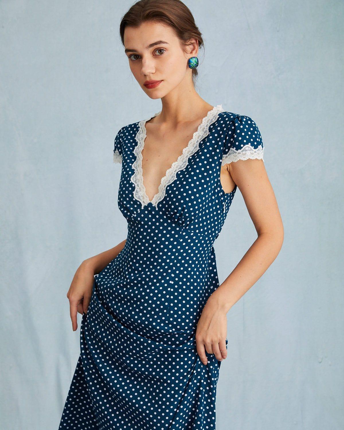 The Navy V Neck Polka Dot Lace Ruched Maxi Dress Product Image