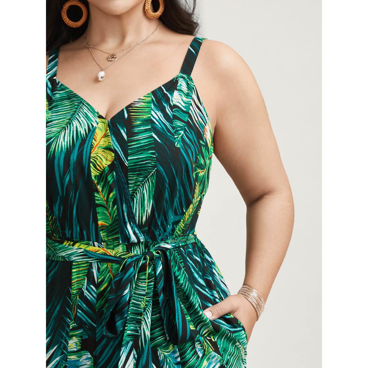 Plus Size BlackFlower Tropical Leaf Print Stretchy Belted Slit Jumpsuit Women Resort Sleeveless Overlap Collar Vacation Loose Jumpsuits BloomChic 26/4X Product Image