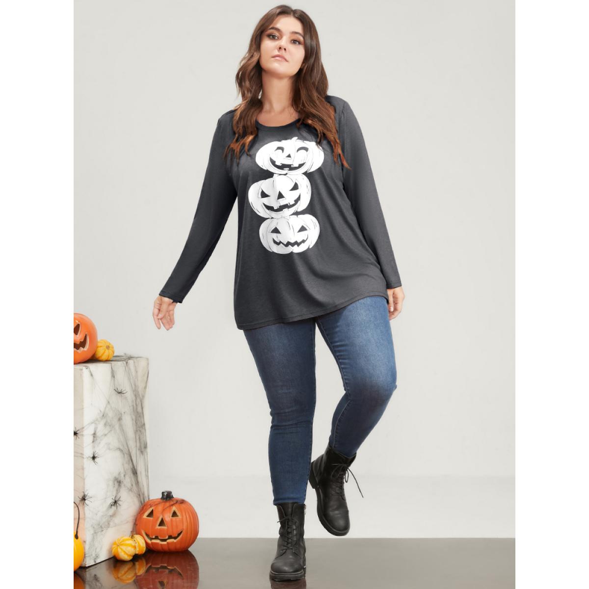 Plus Size Pumpkin Print Long Tee DarkGray Women Casual Printed Graphic-Halloween Round Neck Dailywear T-shirts BloomChic 10/M Product Image