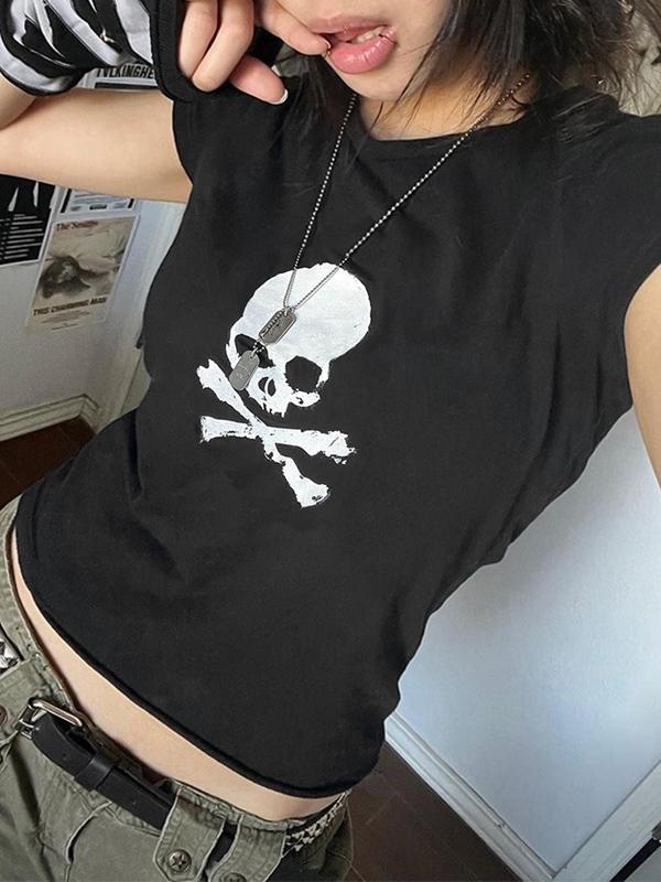 Skull Print Short Sleeve Y2K Crop Top Product Image