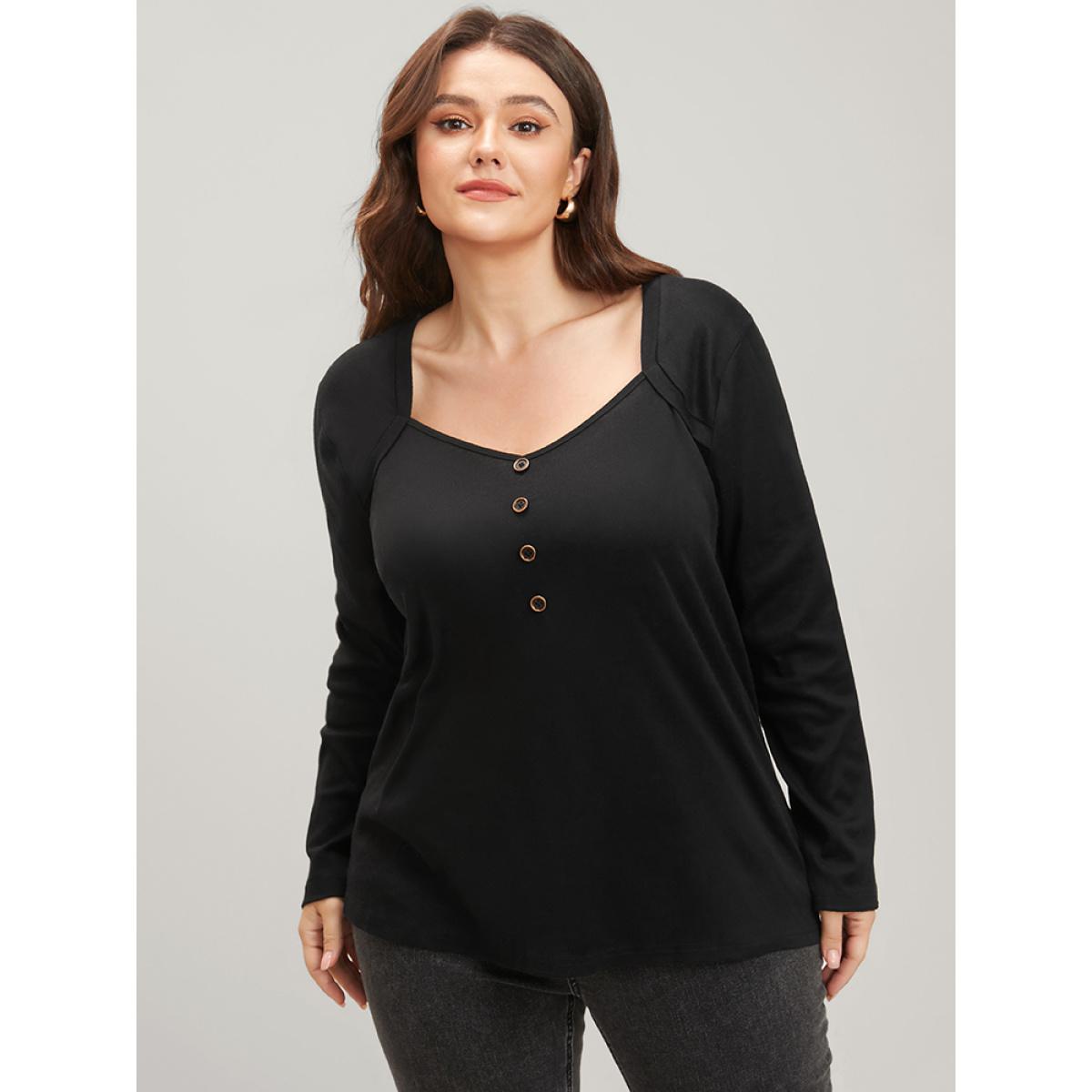 Plus Size Solid Button Detail V Neck Long Tee Black Women Elegant Button Plain V-neck Dailywear T-shirts BloomChic 26/4X Product Image