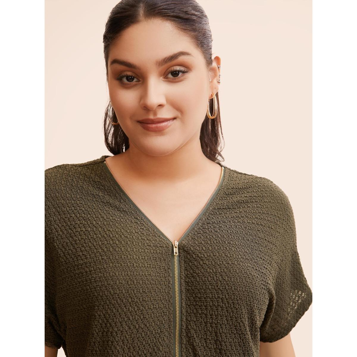 Plus Size Texture Half Zip Batwing Sleeve T-shirt ArmyGreen Women Casual Texture V-neck Everyday T-shirts BloomChic 10/M Product Image