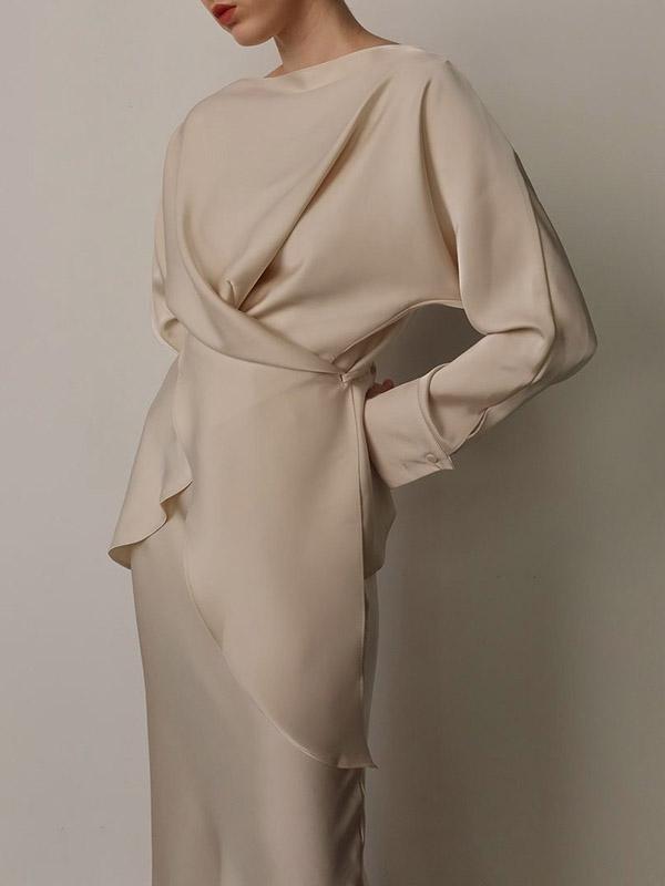 Loose Solid Color Split-Joint Boat Neck Long Sleeves Blouse & Shirt + Skirt Two Pieces Set Product Image