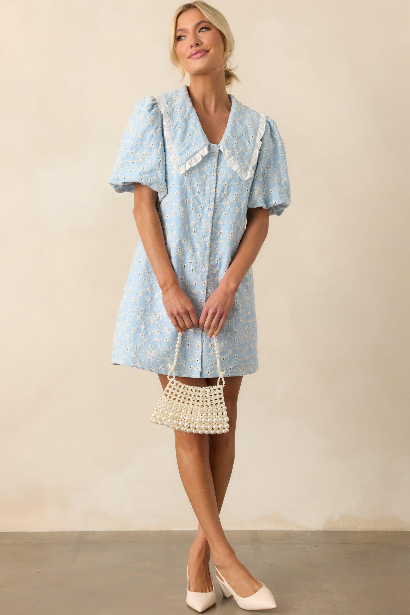 Kind Of Everything Light Blue Cotton Embroidered Eyelet Mini Dress Product Image