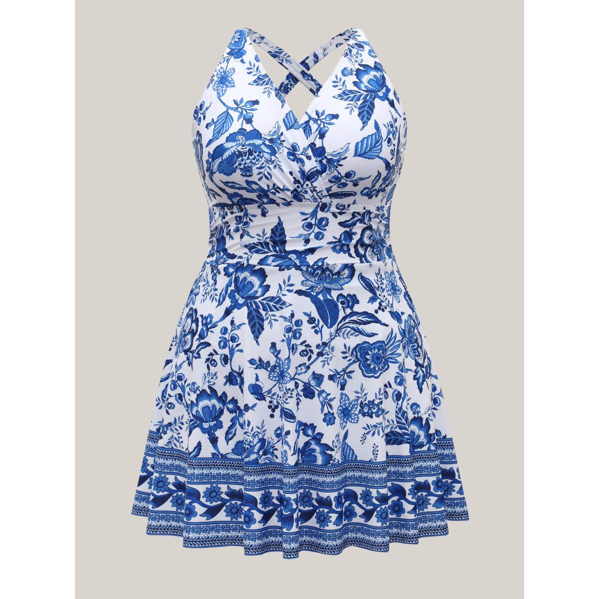 Plus Size Boho Print Ruched Pockets Swim Dress Women's Swimwear Originalwhite Resort Bodycon Overlap Collar High stretch Curve Swim Dresses BloomChic 12/L Product Image