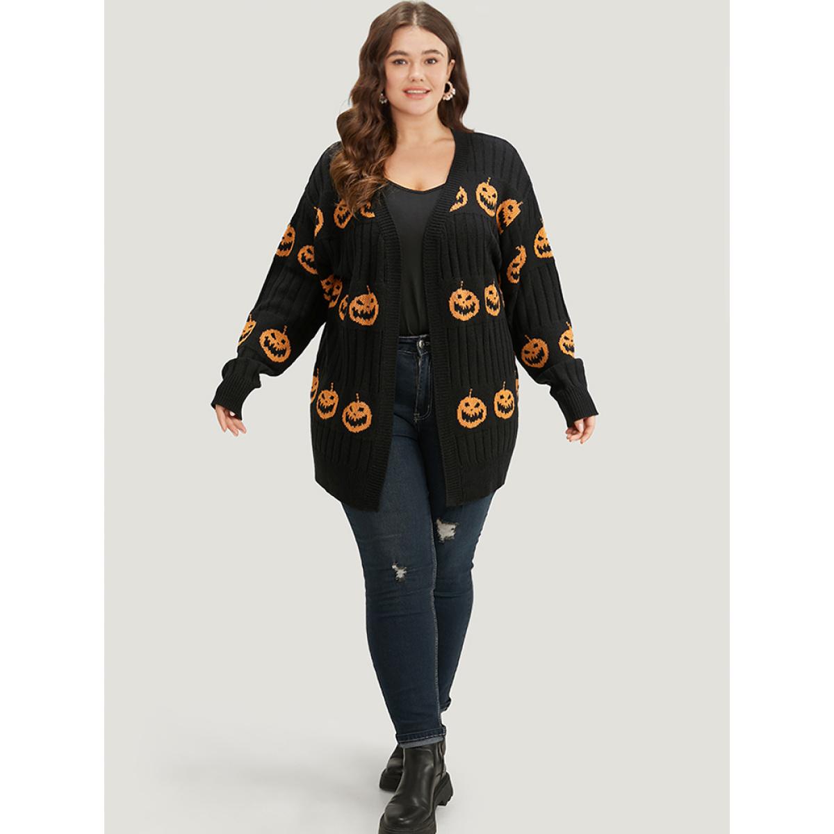 Plus Size Halloween Pumpkin Graphic Open Front Cardigan Black Women Casual Loose Long Sleeve Festival-Halloween Cardigans BloomChic 14-16/1X Product Image