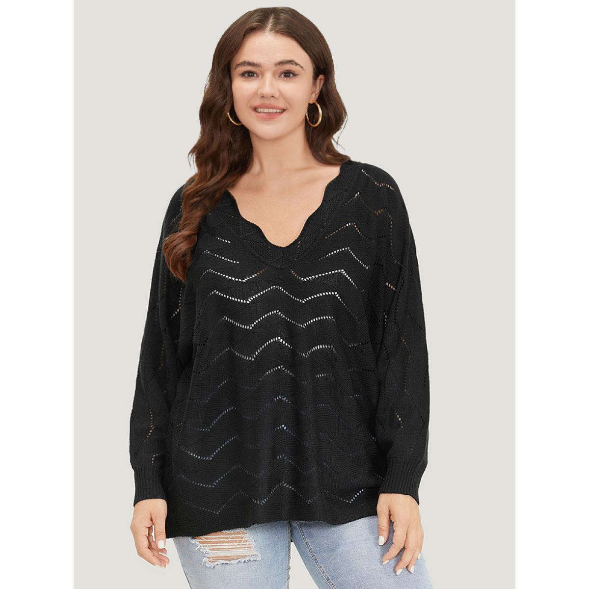 Plus Size Plain Geometric Eyelet Elastic Cuffs Patchwork Pullover Black Women Casual Loose Long Sleeve V-neck Dailywear Pullovers BloomChic 14-16/1X Product Image