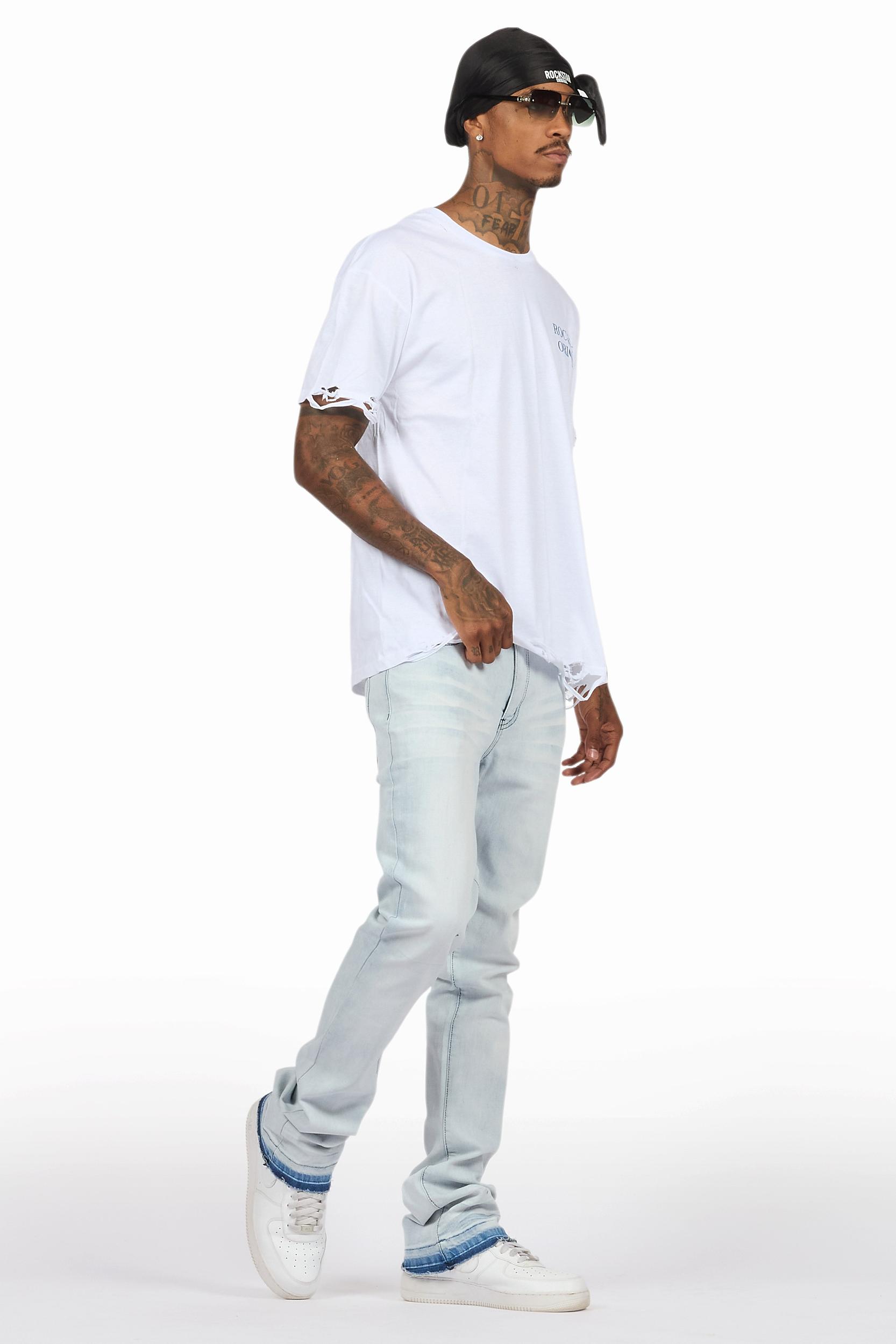 Drako White/Blue Oversized Graphic T-Shirt/Dag Stacked Flare Jean Set Male Product Image