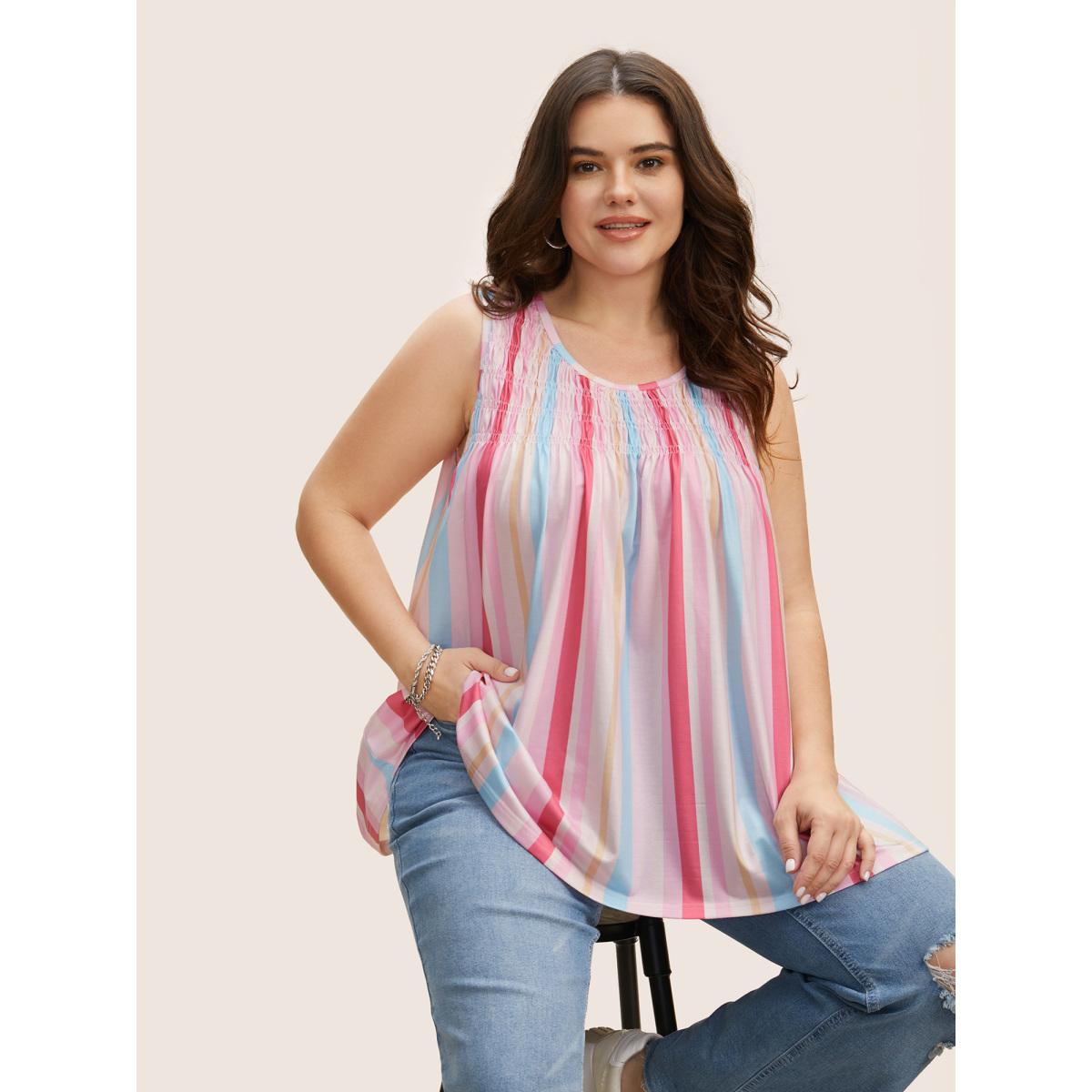 Plus Size Crew Neck Colored Striped Shirred Tank Top Women Multicolor Casual Gathered Round Neck Everyday Tank Tops Camis BloomChic 14-16/1X Product Image