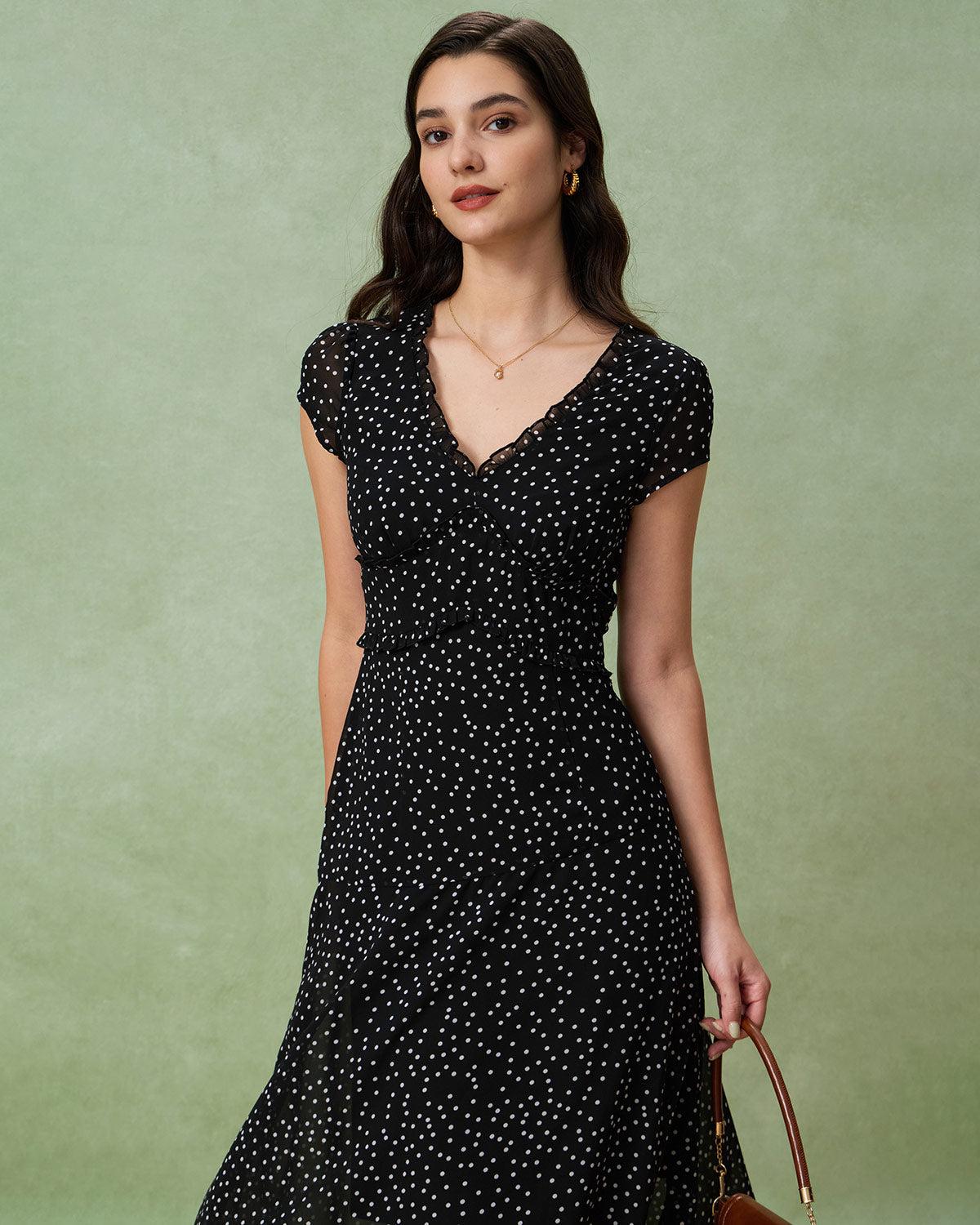 Black V Neck Polka Dot Midi Dress Product Image