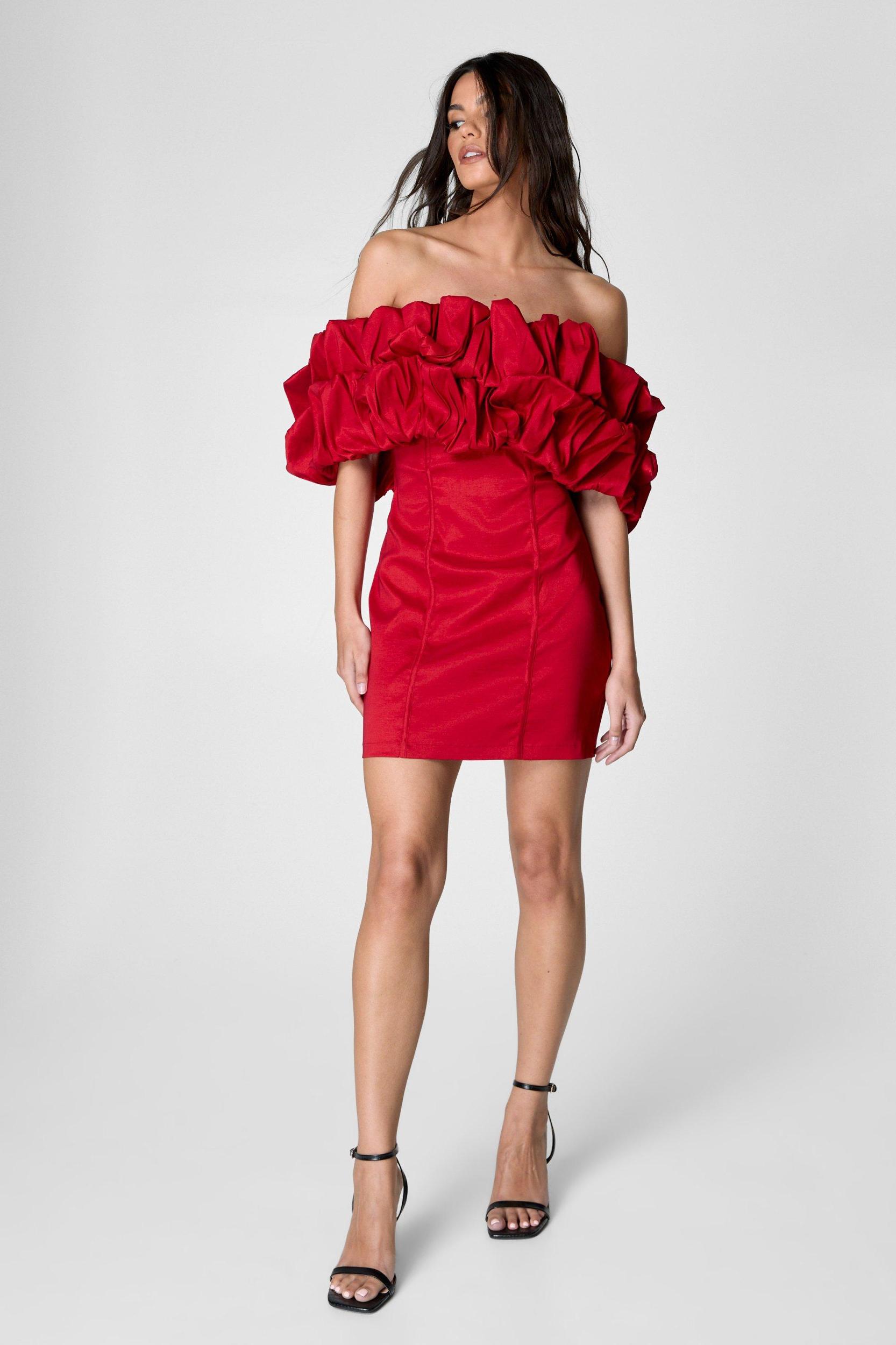 Taffeta Ruched Bardot Mini Dress Product Image