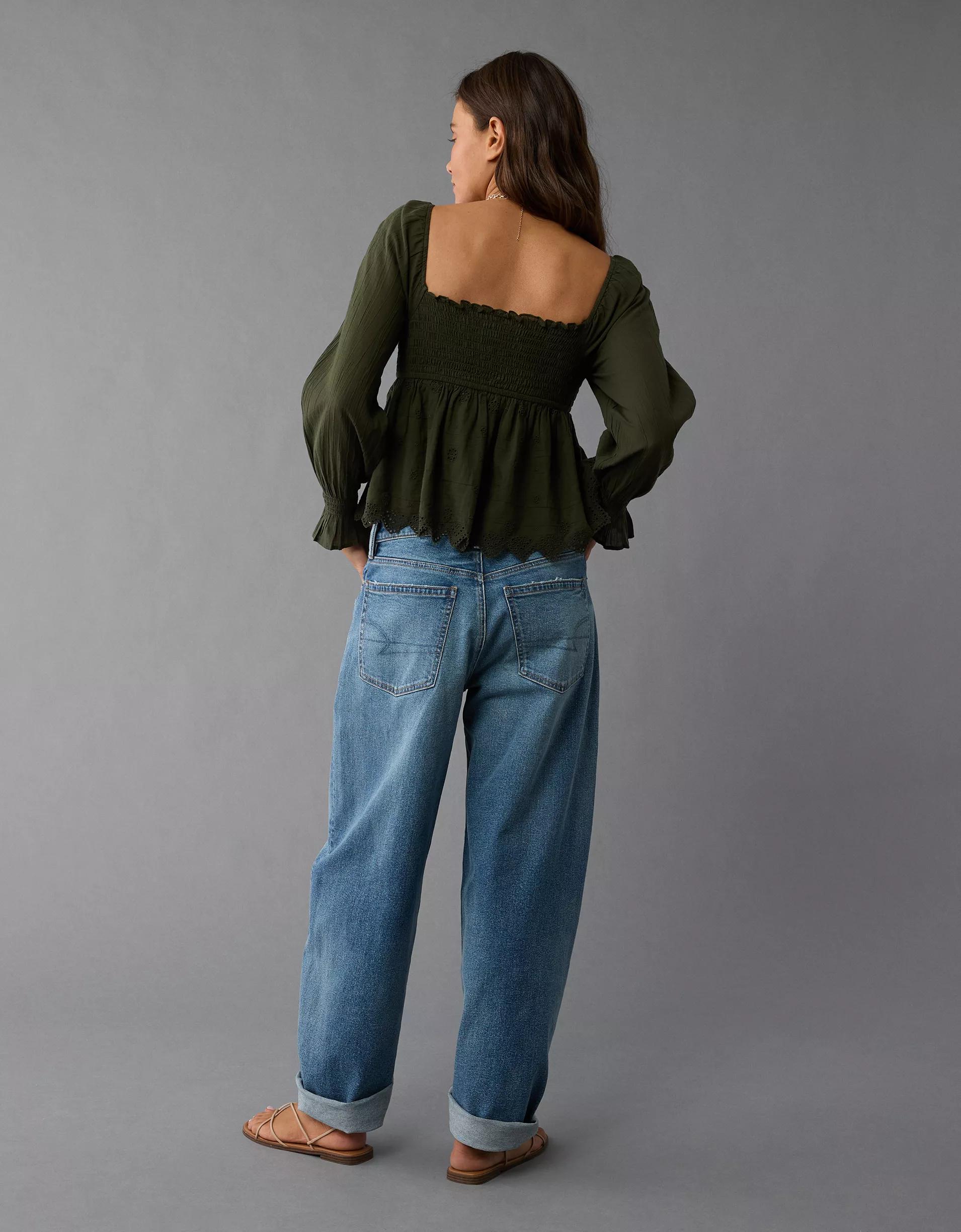 AE Long-Sleeve Smocked Babydoll Blouse Product Image