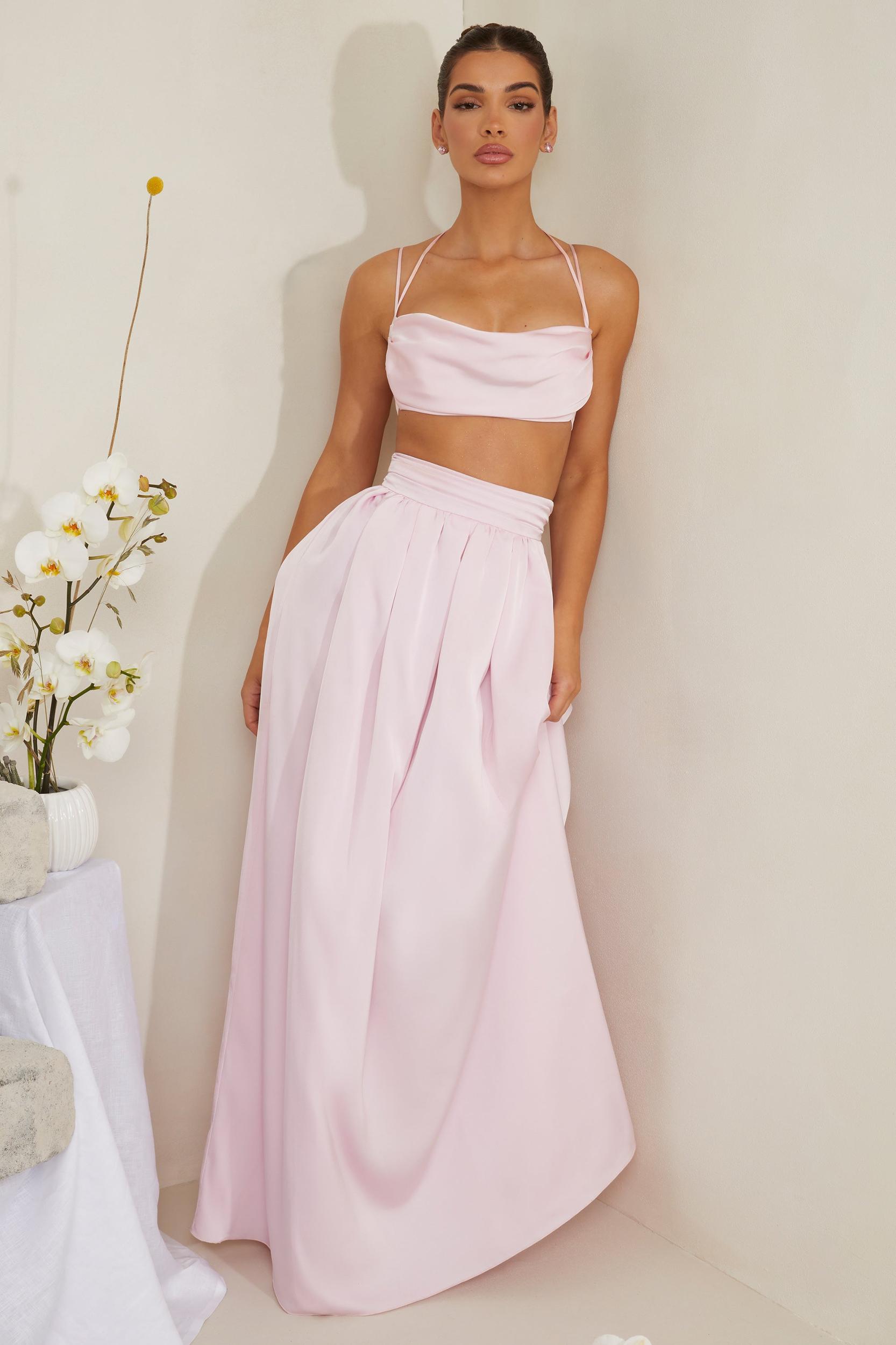 Cowl Neck Heavy Satin Crop Top in Pink Product Image