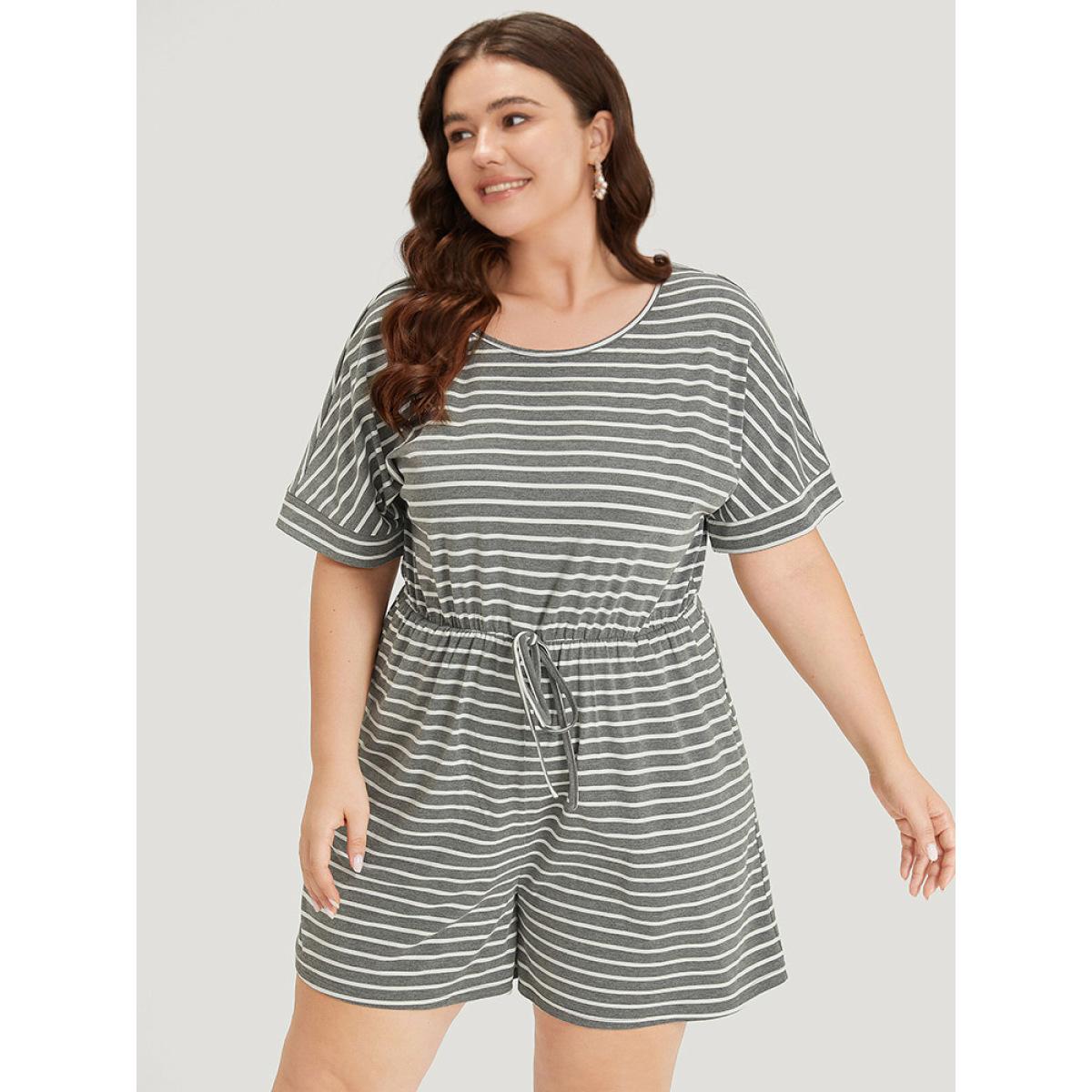 Plus Size DimGray Striped Print Pocket Ties Elastic Waist Jumpsuit Women Casual Short sleeve Round Neck Dailywear Loose Jumpsuits BloomChic 22-24/3X Product Image