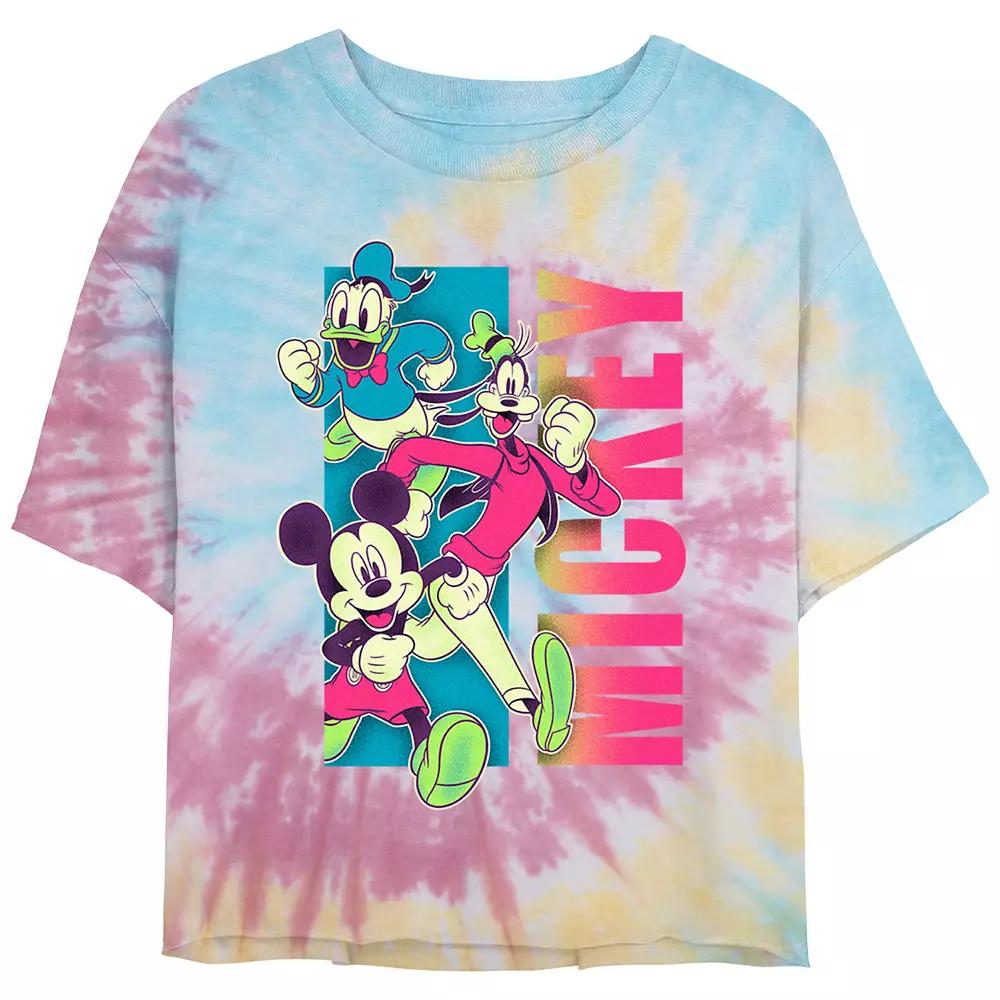 Disney's Mickey Mouse And Friends Fluorescent Run Juniors' Cropped Tie Dye Graphic Tee, Women's, Size: Large, Blue Pink Light Yellow Product Image