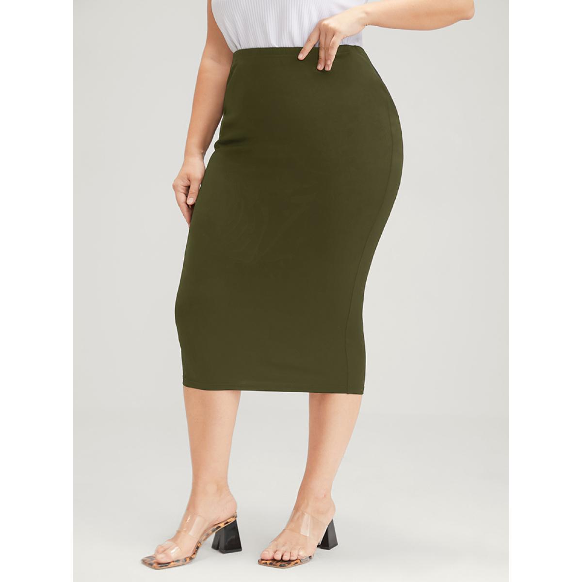 Plus Size Plain Modal High Waist Skirt Women ArmyGreen Office Plain Bodycon High stretch Office Skirts BloomChic 18-20/2X Product Image