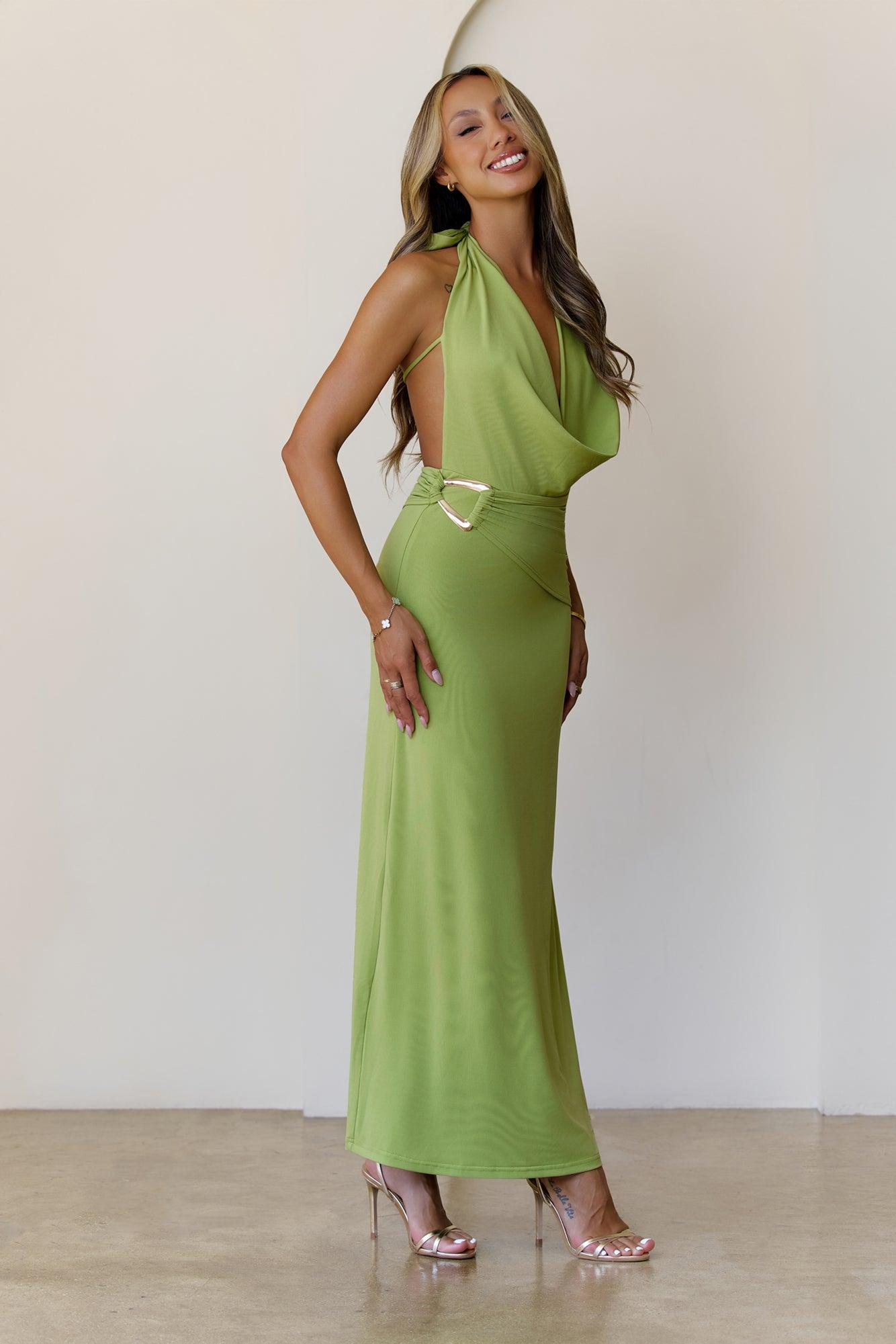 Silk Essence Halter Maxi Dress Green Product Image