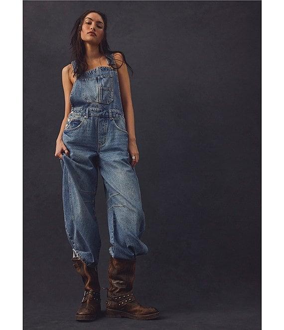 Free People We The Free Good Luck Denim Square Neck Barrel Leg Overalls Product Image