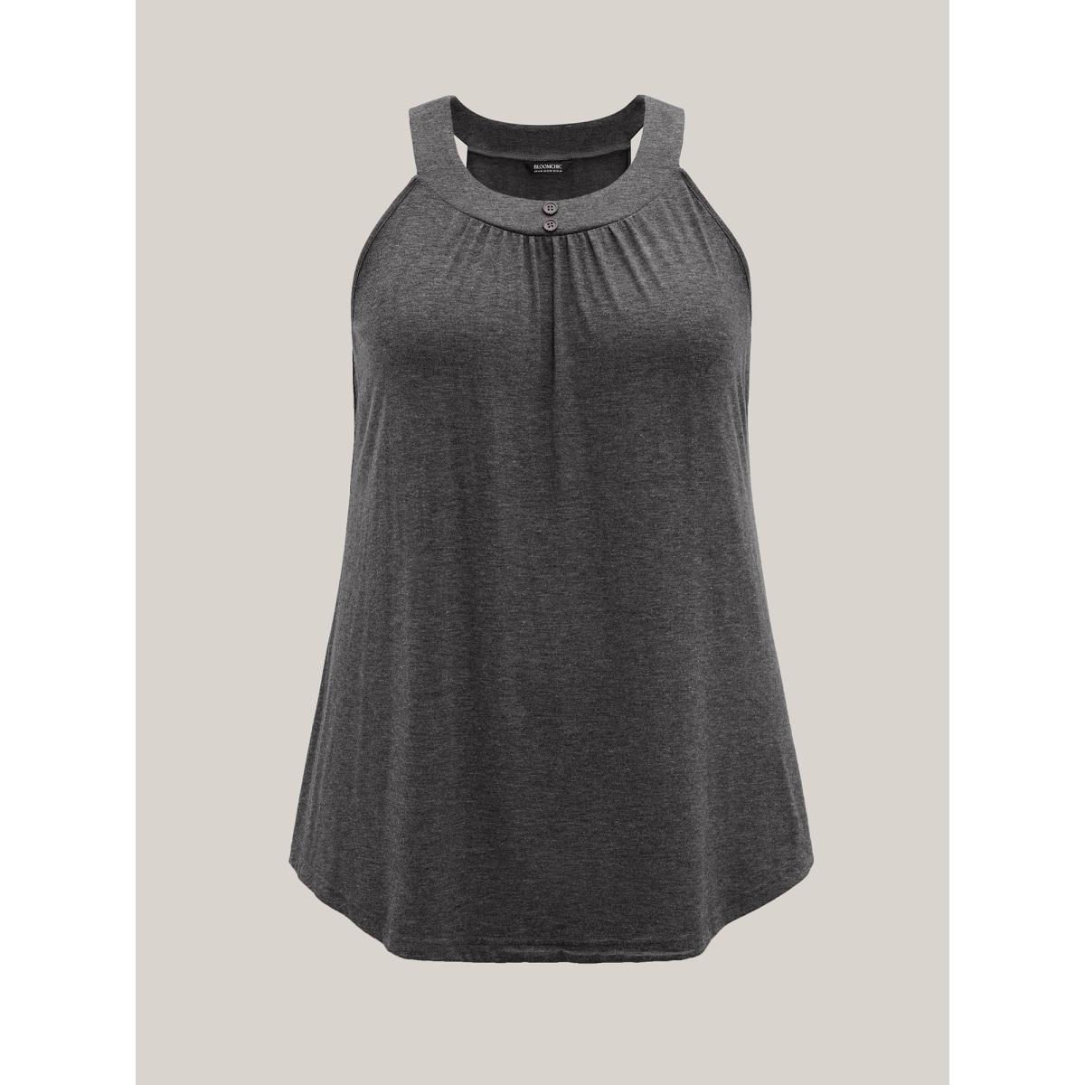 Plus Size Pleated Button Detail Tank Top Women DimGray Gathered Round Neck Everyday-Casual Tank Tops Camis BloomChic 22-24/3X Product Image