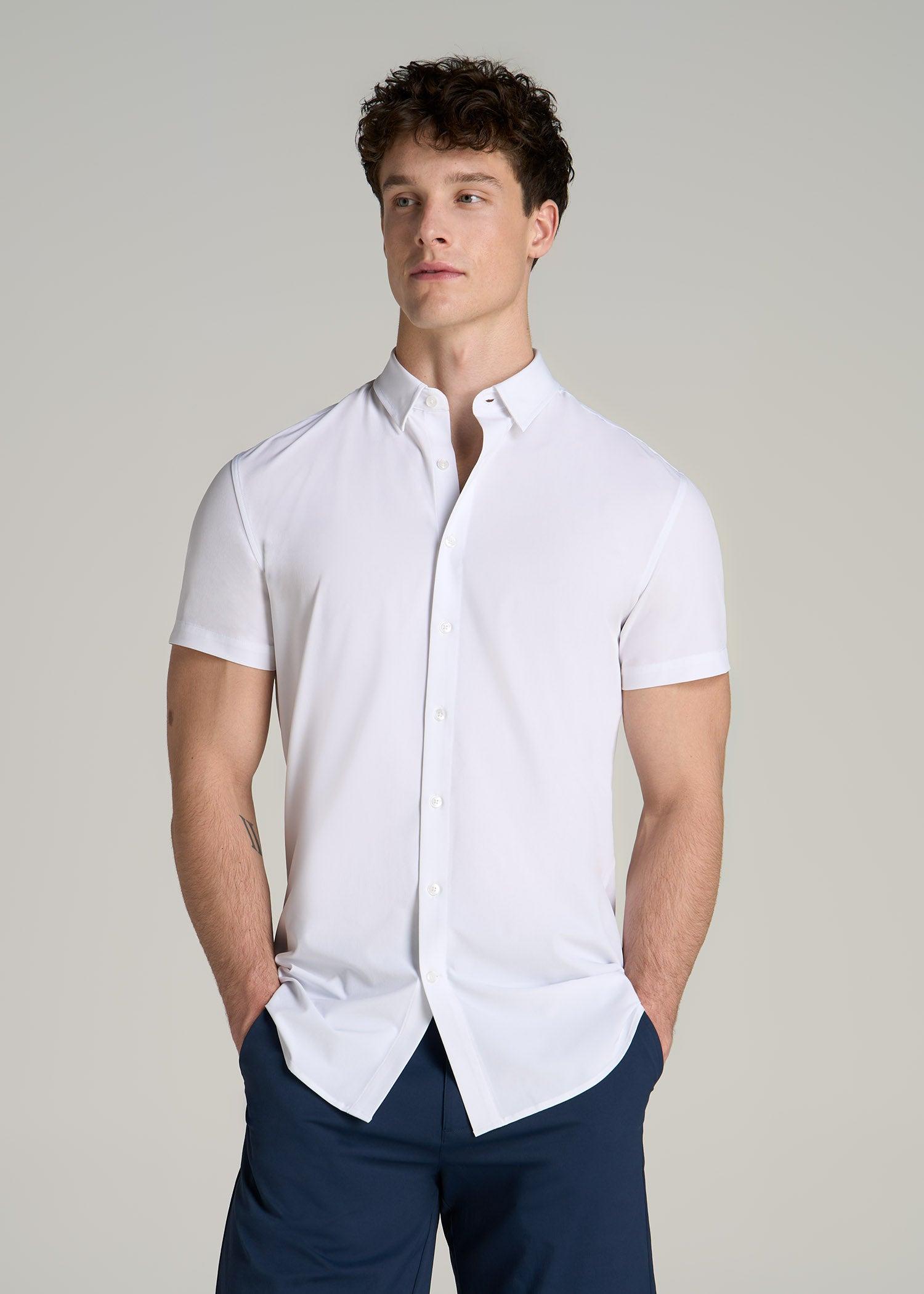 Short Sleeve Traveler Stretch Button Shirt for Tall Men in Bright White Male Product Image