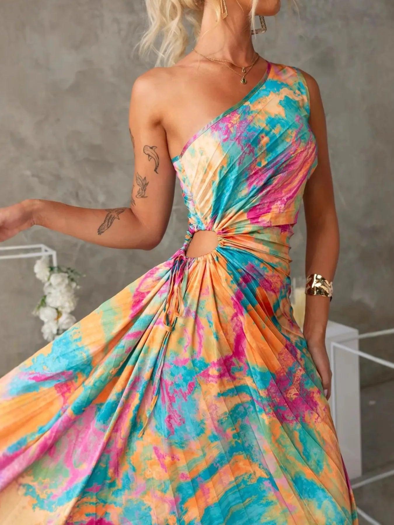 Printed One Shoulder Asymmetrical Maxi Dress Product Image