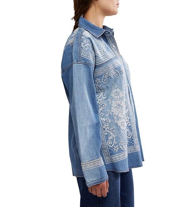 Free People We The Free Lace Embroidered Denim Point Collar Neck Long Sleeve Button Front Top Product Image
