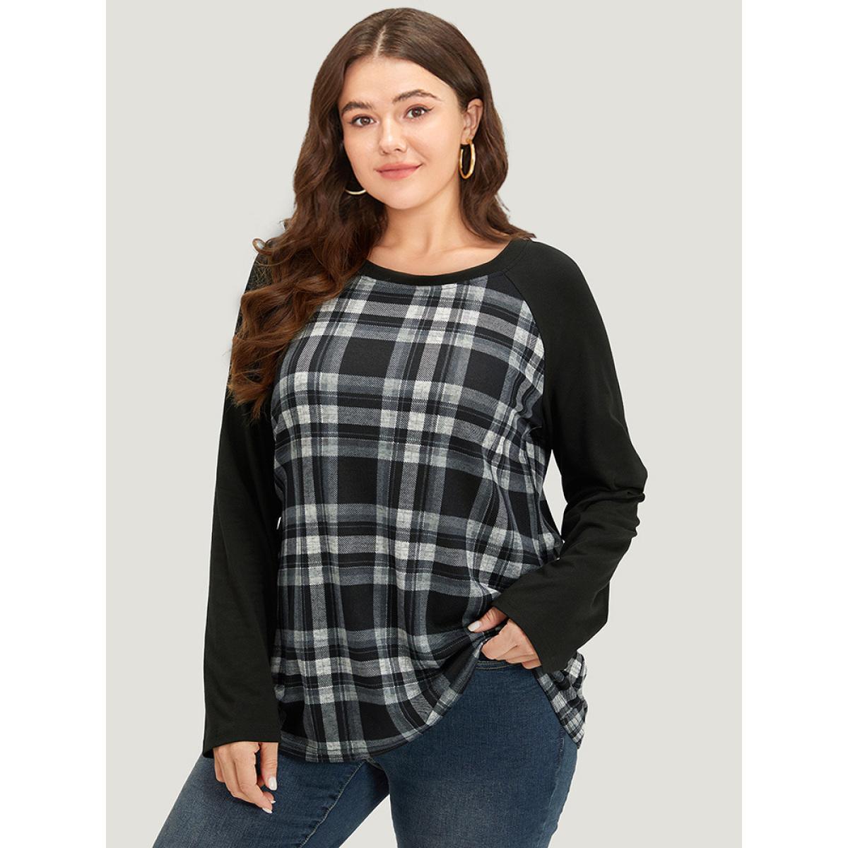 Plus Size Plaid Raglan Sleeve Crew Neck T-shirt Blue Women Casual Patchwork Plaid Round Neck Dailywear T-shirts BloomChic 10/M Product Image